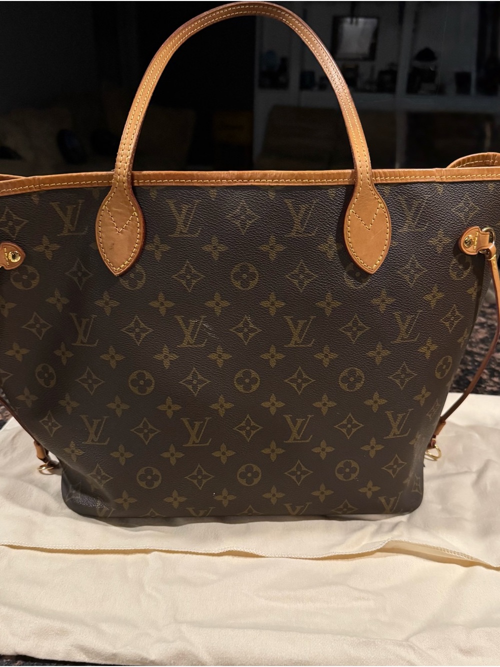 Louis Vuitton Monogram Neverfull Tote in Brown and Tan Leather Trim